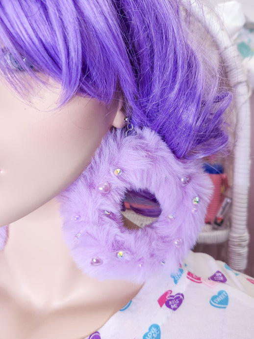 SALE Lavender faux fur hoop rhinestone earrings, chunky bimbo drag queen