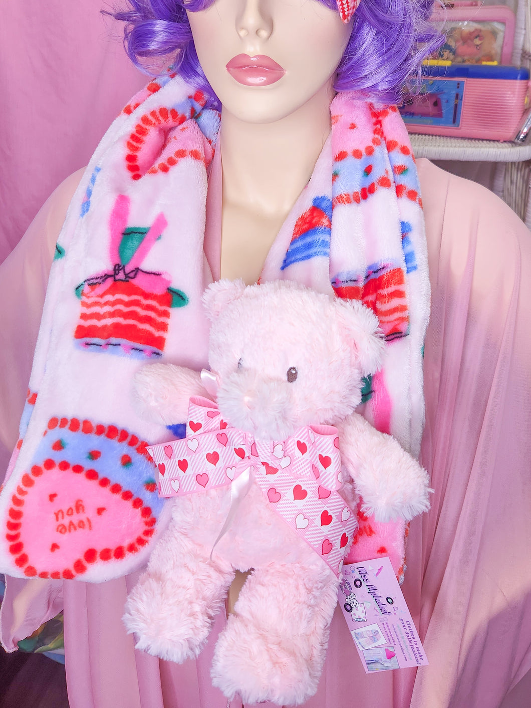 Pink/red heart cake lovecore scarf, Valentine's Day teddy bear