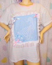 Load image into Gallery viewer, Pink blue stripe goose boxy top, geese iridescent lace t shirt size 2X