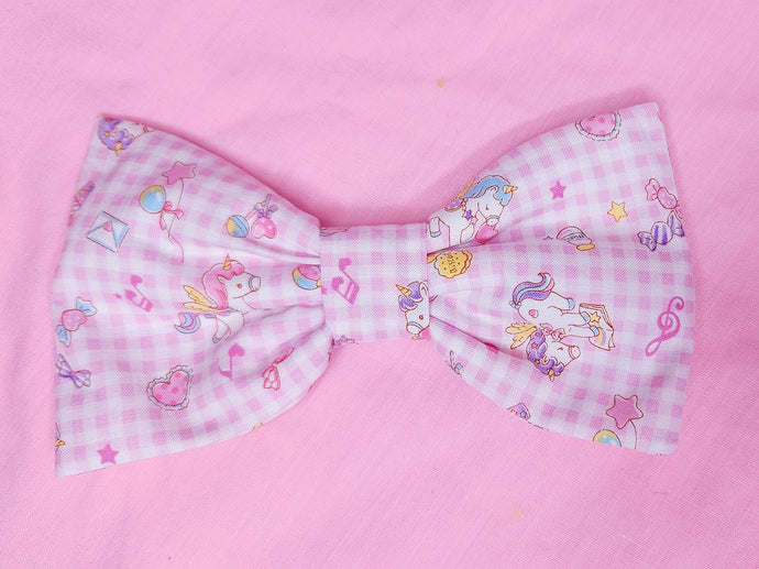 Pink gingham cottagecore unicorn 80's spank kei hair bow