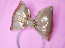Load image into Gallery viewer, Gold/pink plush heart headband bow, fairy spank kei, retro 80s 90s mall hairbow