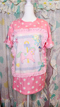 Load image into Gallery viewer, Pink polka dot carousel boxy top, 90s ruffle pastel rocking horse t shirt size Medium