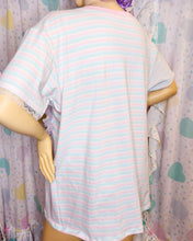 Load image into Gallery viewer, Pink blue stripe goose boxy top, geese iridescent lace t shirt size 2X