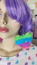 Load image into Gallery viewer, SALE Rainbow faux fur heart rhinestone earrings, chunky bimbo drag queen