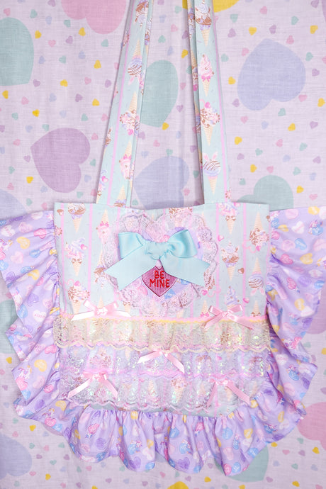 Mint green sweet lolita treats ruffle tote bag, iridescent pastel lace valentine's day