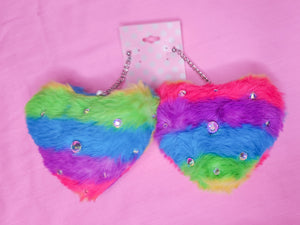 SALE Rainbow faux fur heart rhinestone earrings, chunky bimbo drag queen