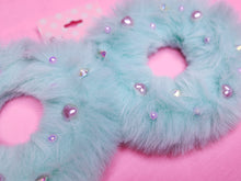 Load image into Gallery viewer, SALE mint green faux fur hoop rhinestone earrings, chunky bimbo drag queen