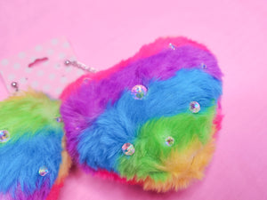 SALE Rainbow faux fur heart rhinestone earrings, chunky bimbo drag queen