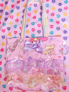 Quilted My Melody tote bag, pastel iridescent lace