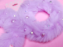 Load image into Gallery viewer, SALE Lavender faux fur hoop rhinestone earrings, chunky bimbo drag queen