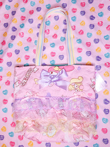 Quilted My Melody tote bag, pastel iridescent lace