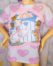 Load image into Gallery viewer, Sparkle heart goose boxy top, 90s ruffle teddy bear t shirt size Large