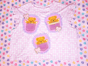 Pink heart gingham ruffle boxy top, teddy bear spank kei size 2X