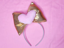 Load image into Gallery viewer, Gold/pink plush heart headband bow, fairy spank kei, retro 80s 90s mall hairbow