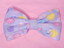 Load image into Gallery viewer, Lavender conversation hearts valentine unicorn lovecore spank kei hair bow