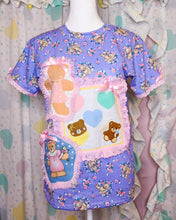 Load image into Gallery viewer, Teddy bear floral boxy top, 90s ruffle pastel heart t shirt size Small