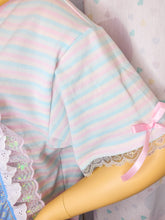 Load image into Gallery viewer, Pink blue stripe goose boxy top, geese iridescent lace t shirt size 2X