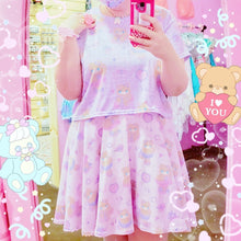 Load image into Gallery viewer, model wearing purple and pink crop top and skirt with ballerina bear