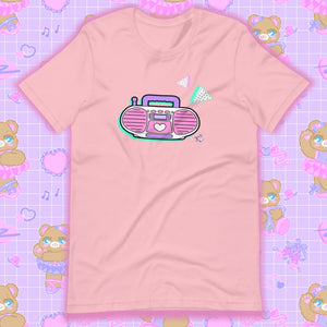 pink t-shirt with barbie boombox