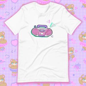 white t-shirt with barbie boombox