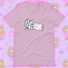 Load image into Gallery viewer, heather lilac t-shirt with dalmation pillows
