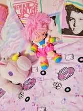 Load image into Gallery viewer, barbie boombox blanket on bed with pillows and stuffed animals