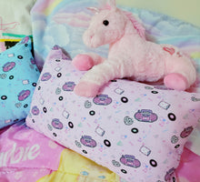 Load image into Gallery viewer, pink boombox print pillow with pink plus unicorn