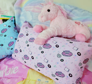 pink boombox print pillow with pink plus unicorn