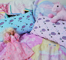 Load image into Gallery viewer, pink and blue boombox print pillows with pink unicorn plus and barbie doll