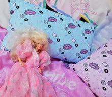 Load image into Gallery viewer, blue boombox print pillow with barbie doll