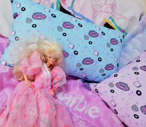 blue boombox print pillow with barbie doll