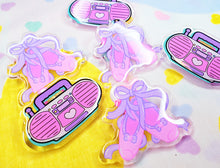 Load image into Gallery viewer, Pink Boombox 90&#39;s acrylic pin, Miss Jediflip collab, 90&#39;s brooch, fairy spank kei