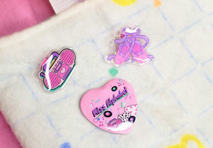 shiny ballet slipper acrylic pin, boombox pin, holographic heart badge