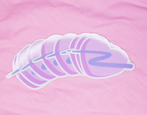 shiny stickers of a pink 90's heart with lavender swoosh