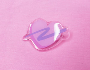 pink heart shaped acrylic pin with lavender swoosh