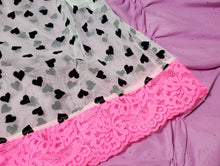 Load image into Gallery viewer, Sheer white and black flocked heart Spank Kei tutu skirt, hot pink lace and waistband