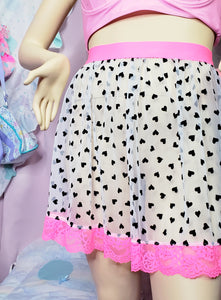 white sheer mesh skirt with black hearts and hot pink waistband and lace