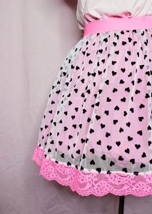 white sheer mesh skirt with black hearts and hot pink waistband and lace