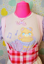 Load image into Gallery viewer, pink and red gingham yoke of jumperskirt with ballerina bear shirt and ribbon bow necklace