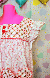 closeup of yoke and flutter sleeve of teddy bear nightie dress
