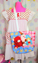 Load image into Gallery viewer, white nightie dress with red hearts and teddy bears with valentine&#39;s day plush patchwork tote bag in red and blue
