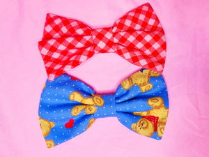 hair bows in red and pink gingham and blue with teddy bear print