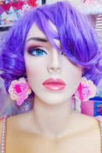 Load image into Gallery viewer, lavender haired mannequin modeling crochet earrings with barbie accessories