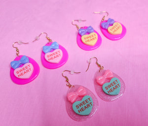 Hot pink/yellow Conversation Hearts Spank! kei drop earrings