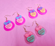 Load image into Gallery viewer, Hot pink/yellow Conversation Hearts Spank! kei drop earrings