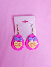 Load image into Gallery viewer, Hot pink/yellow Conversation Hearts Spank! kei drop earrings