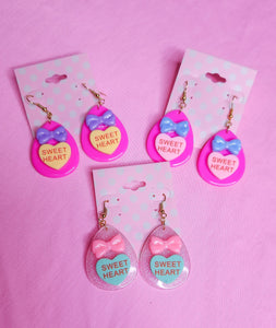 Hot pink/yellow Conversation Hearts Spank! kei drop earrings