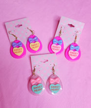 Load image into Gallery viewer, Hot pink Conversation Hearts Spank! kei drop earrings