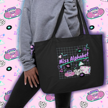 Load image into Gallery viewer, woman modeling 90&#39;s barbie boombox miss alphabet logo tote bag