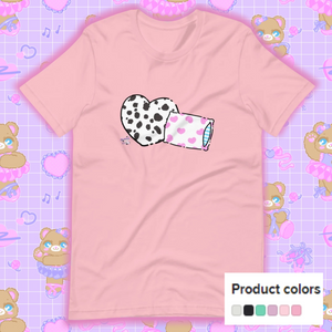 pink t-shirt with dalmation pillows